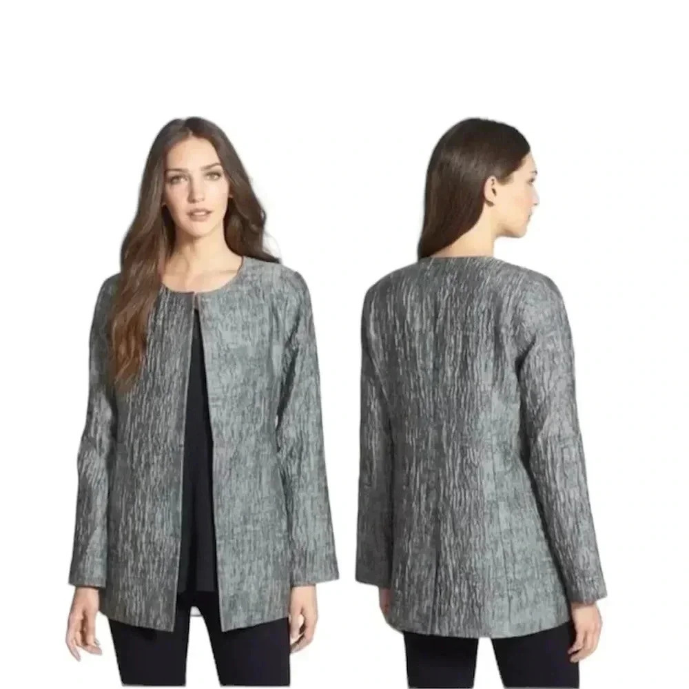 Eileen Fisher Gray Crinkle Textured Jacquard Jacket, Size Extra Small